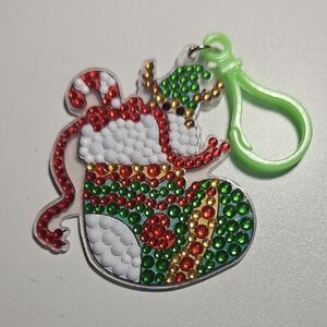 Festive Stocking Keychain with Rhinestones Diamond Art Style